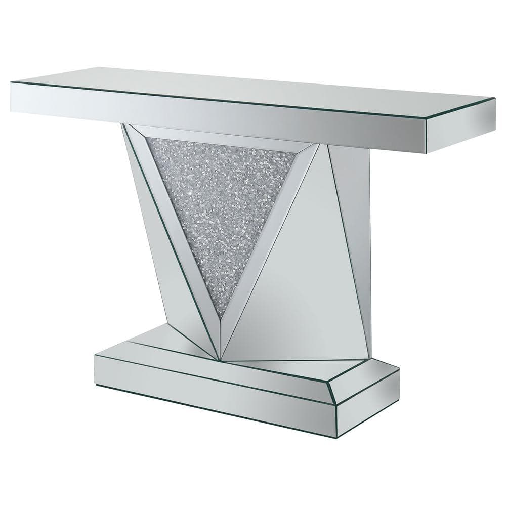 Silver Mirrored Rectangular Sofa Table with Triangle Detailing