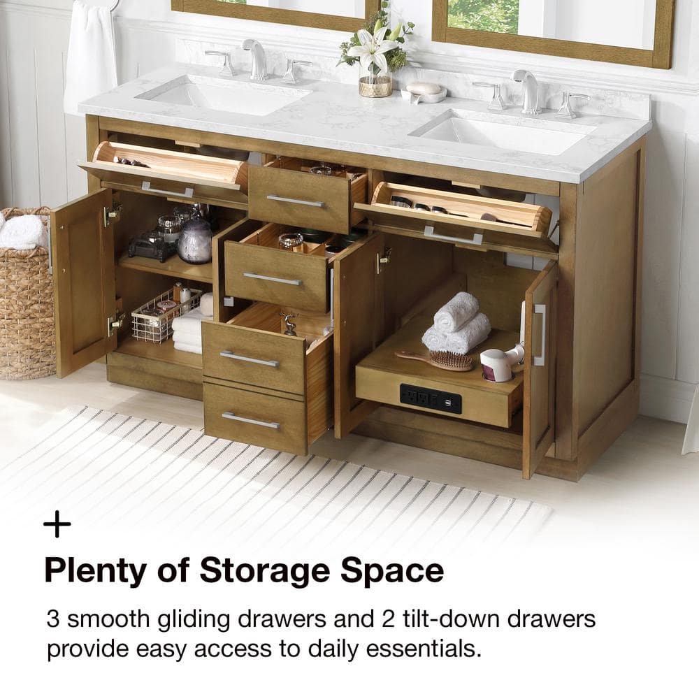 Athea 60'' Almond Latte Double Sink Bathroom Vanity with Marble Top