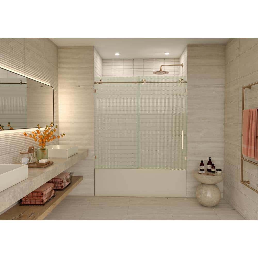 Galaxy 60" Frameless Fluted Glass Sliding Bathtub Door in Brushed Bronze