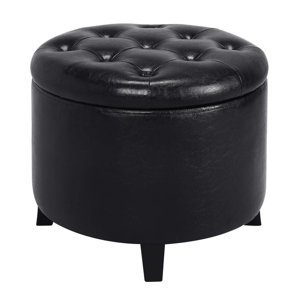 Elegant Traditional Black Faux Leather Round Storage Ottoman with Tufted Lid