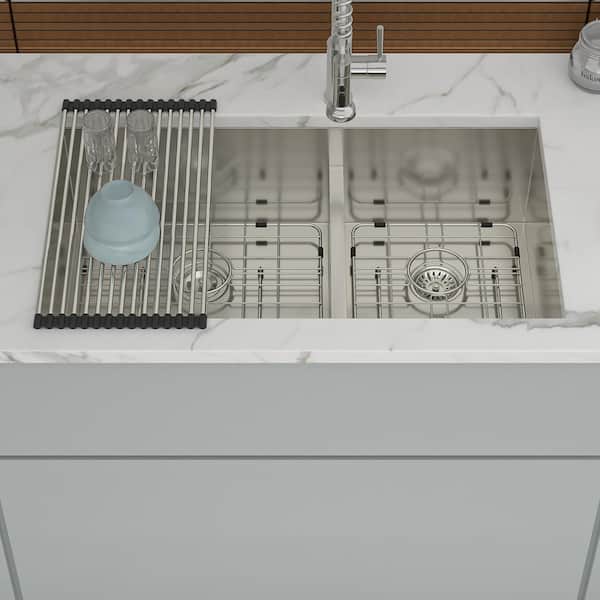 Coporesell 28 in. Undermount Double Bowl (60/40) 16-Gauge Brushed Nickel Stainless Steel Kitchen Sink with Bottom Grids