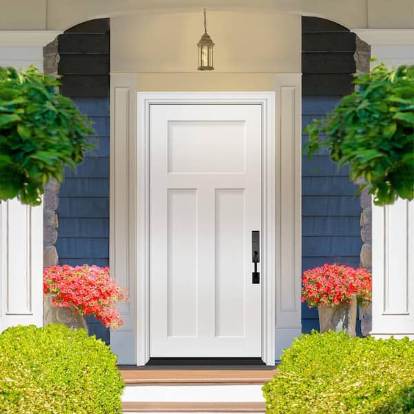 Legacy 34 in. x 80 in. 3 Panel Craftsman LHIS Unfinished White Fiberglass Prehung Front Door with 4-9/16 Jamb