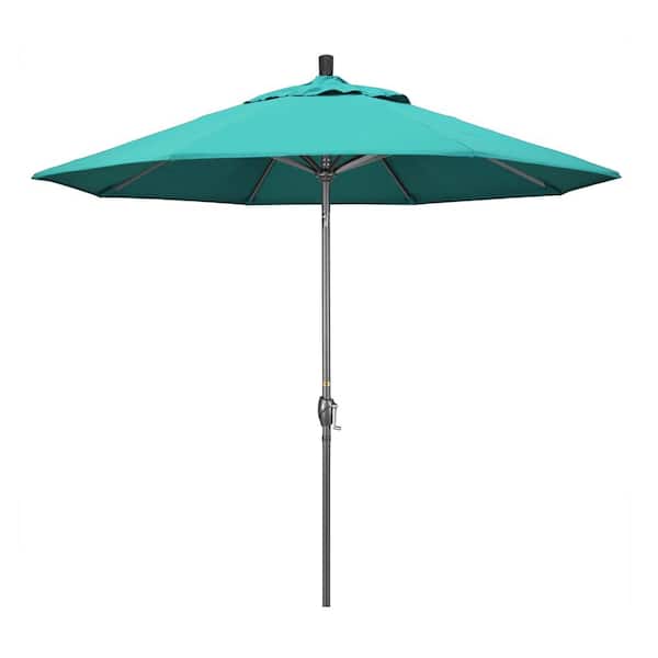 California Umbrella 9 ft. Hammertone Grey Aluminum Market Patio Umbrella with Push Button Tilt Crank Lift in Aruba Sunbrella