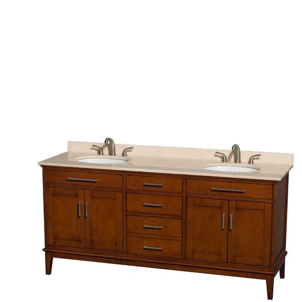 Wyndham Collection Hatton 72 in. Double Vanity in Light Chestnut with Marble Vanity Top in Ivory and Oval Sinks