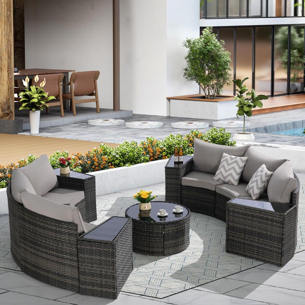 11-Piece Wicker Half-Moon Sectional Round Patio Conversation Set with Light