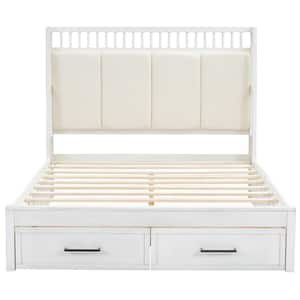White Wood Frame Queen Platform Bed with Upholstered Headboard and 2 Drawers