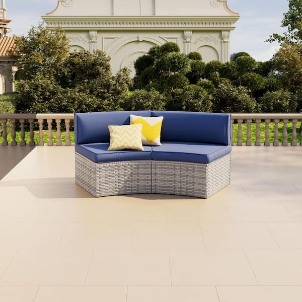 Gray 2-Piece wicker Fully Assembled Curved Patio Blue Conversation Set With Waterproof Cover
