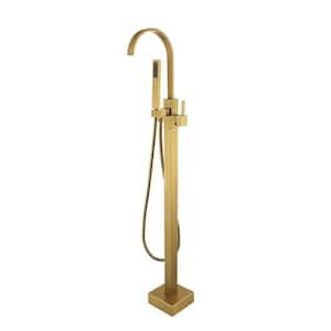 Single-Handle Floor Mount Freestanding Tub Faucet with Hand Shower in Brushed Brass