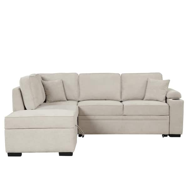 87.40 in. Straight Arm Velvet L-Shaped Sofa in Beige with Storage Ottoman, Sofa Bed