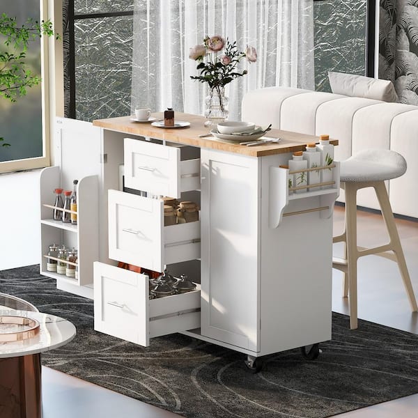 Unbranded White Wood Kitchen Cart with 3-Drawer, 2-Slide-Out Shelf, Internal Storage Rack, Spice Rack, Wheels