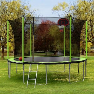 14 ft. Round Backyard Trampoline with Safety Enclosure, Basketball Hoop and Ladder in Green