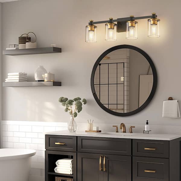 28 in. 4-Light Black and Gold Bathroom Vanity Light with Clear Glass Shades for Bathroom, Vanity, and Bedroom