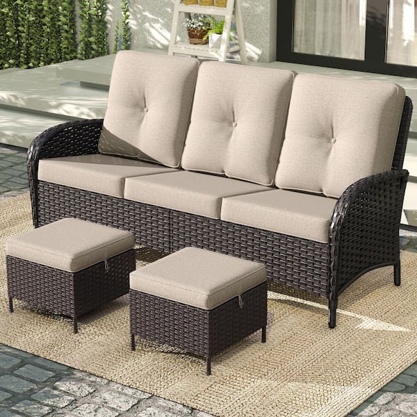 3-Piece Sofa Set Couch Patio PE Wicker 3-Seat Outdoor Furniture with Removable Ottomans Beige