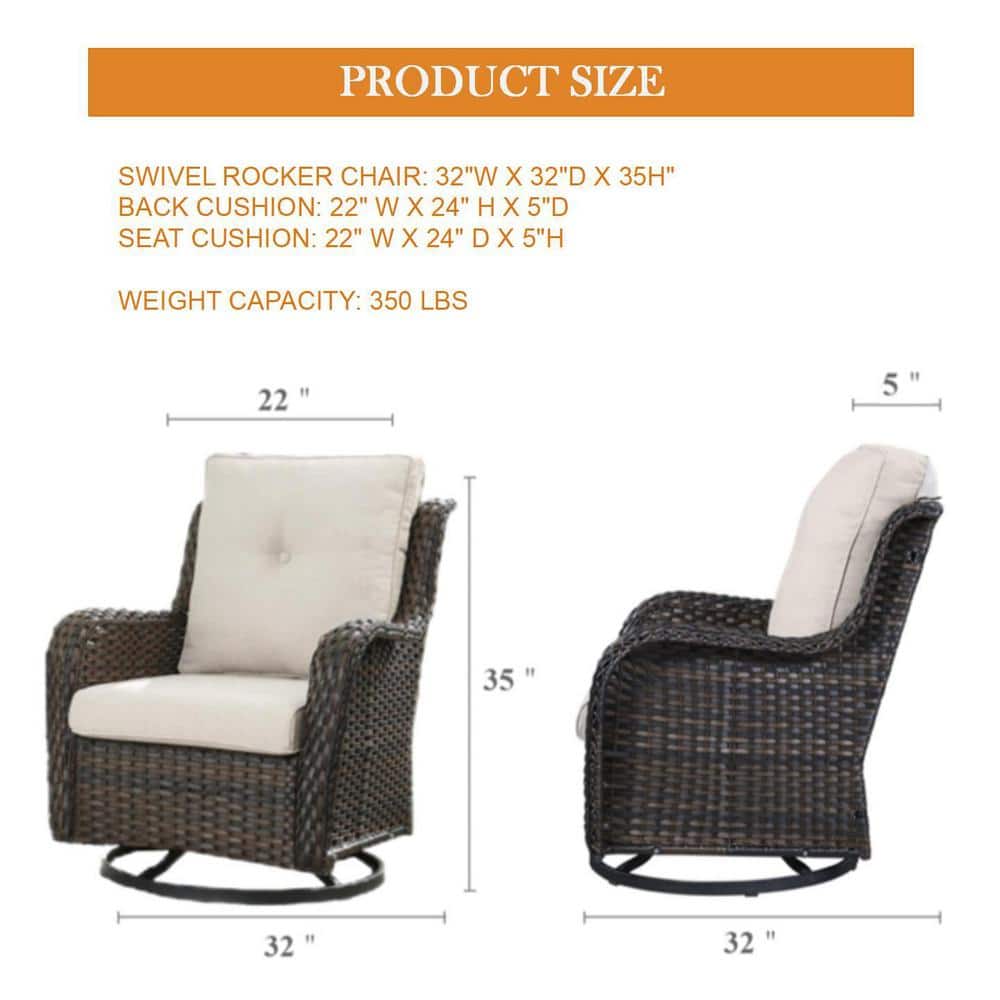 Brown Wicker Swivel Glider Club Chairs with Beige Cushions