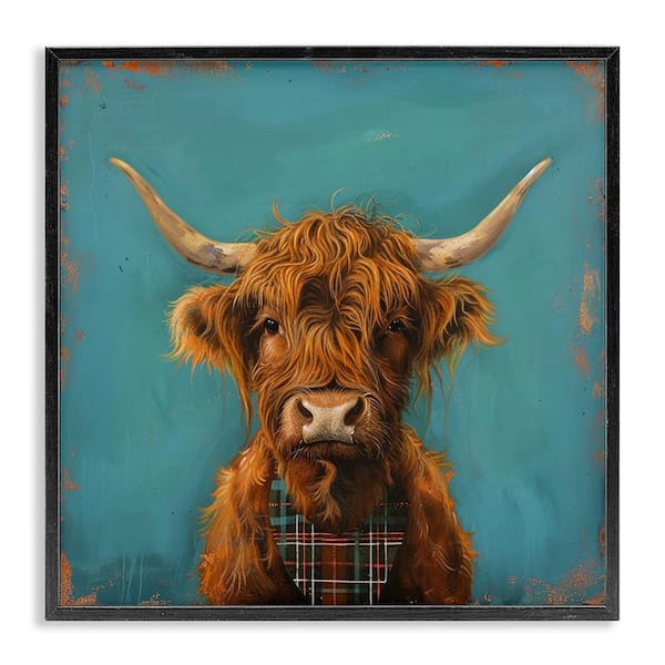 Stupell Industries Highland Cow on Blue by LSR Design Studio Black Framed Animal Giclee Art Print 12 in. x 12 in.