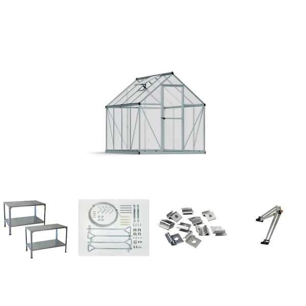 Mythos 6 ft. x 8 ft. Greenhouse Kit, Metal Work Bench (2-Pack), Anchoring Kit, Plant Hanger Kit and Vent Opener Combo