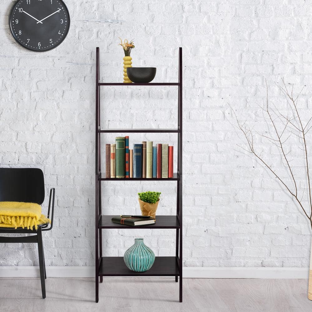 Espresso Solid Wood Adjustable 5-Shelf Ladder Bookcase