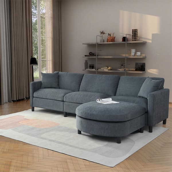 GDFStudio Contemporary 107.87 in. Large Sectional Sofa with Ottoman and Removable Seat Cushion and Back Cushion - Dark Grey Cotton in Gray