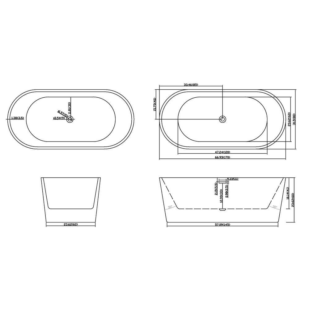 67'' Glossy White Acrylic Freestanding Oval Bathtub with Center Drain