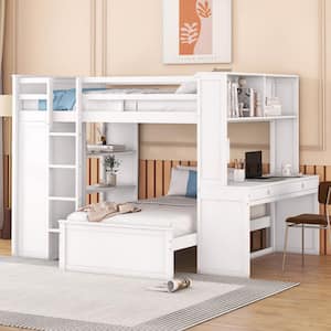 White Full Over Twin Wood Bunk Bed with Wardrobe, Shelves, Desk and Drawers