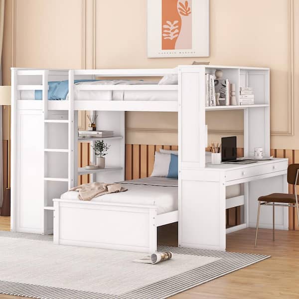 Harper & Bright Designs White Full Size Wood Bunk Bed with Wardrobe, Shelves, Desk and Drawers