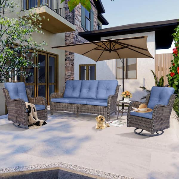 Brown 4 Piece Wicker Patio Conversation Set Outdoor Sofa Swivel Rocking Chairs with Side Table and Denim Blue Cushions