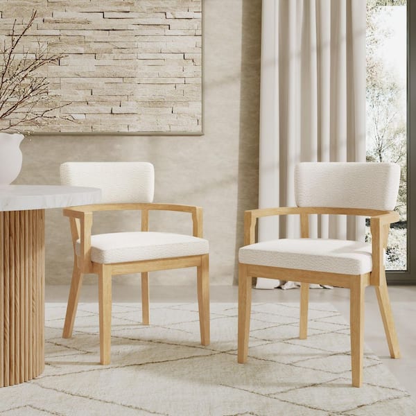 Roberto Mid Century Modern Oak and Beige Upholstered Boucle Armrest Dining Chairs, Solid Wood Frame, (Set of 2)