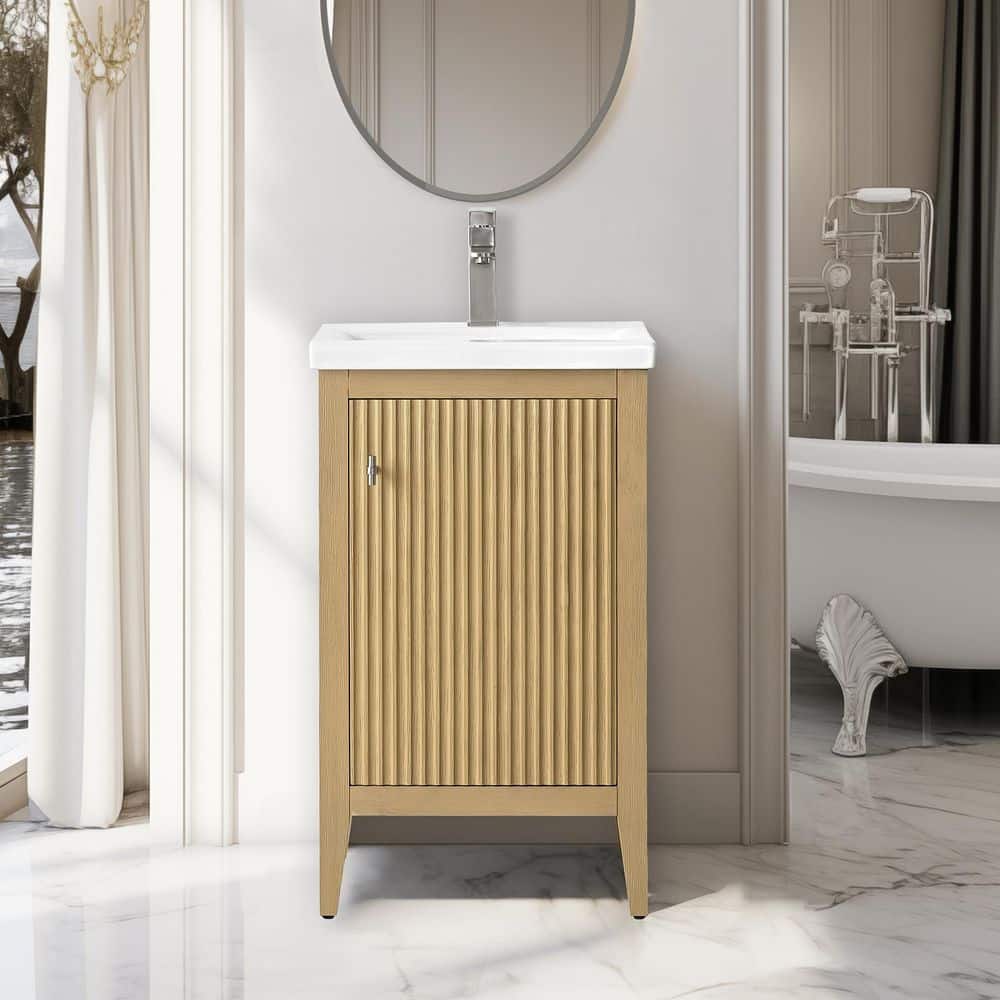 20 in. W x 15.7 in D x 34 in. H Single Sink Bath Vanity Cabinet in Linear Natural Oak with White Ceramic Top price history on PriceWatchPro