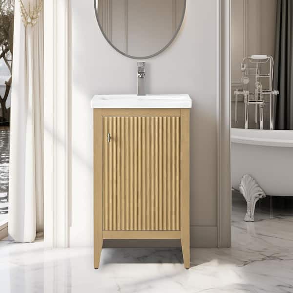 20 in. W x 15.7 in D x 34 in. H Single Sink Bath Vanity Cabinet in Linear Natural Oak with White Ceramic Top