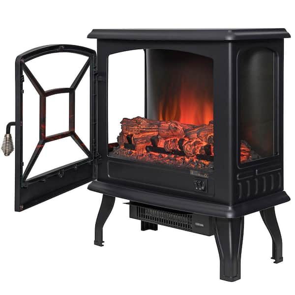 AKDY 20 in. Freestanding Electric Fireplace Stove Heater in Black with Vintage Glass Door Realistic Flame and Logs