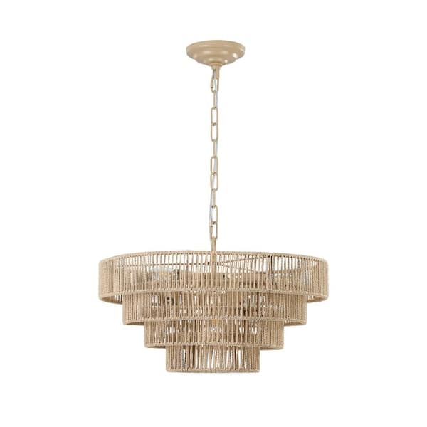 Keazile Troy 20 in. 6-Light Original Wood Color Boho Rustic Chandelier Light Fixture with Rattan Shade