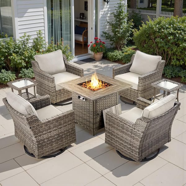 GlideRail Gray Wicker Fire Pit Conversation Set with Beige Olefin 4 in. Thick Cushions Patio Swivel Chairs (7-Piece)