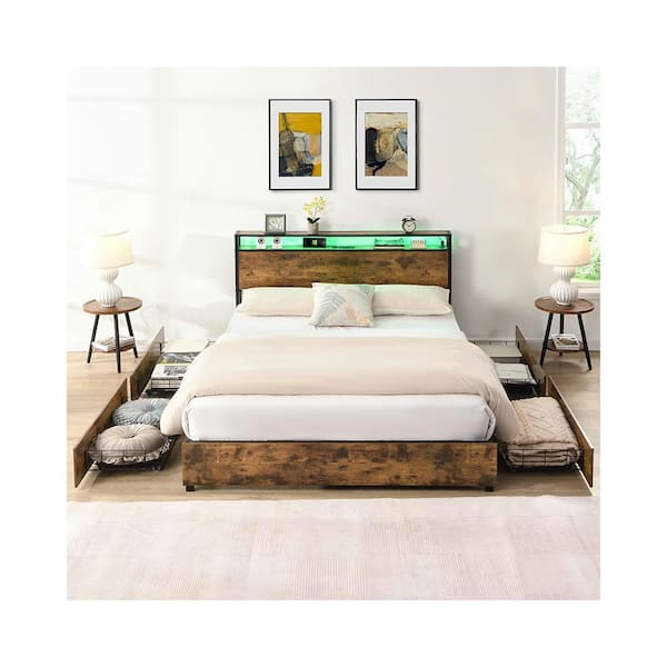 Rustic Brown Full Platform Bed Frame with Headboard and 4-Storage Drawers, Charging Station, Smart LED Lights Strips