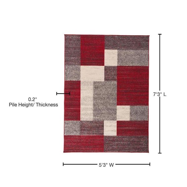 Geometric Boxes Design Non-Slip (Non-Skid) Red 5 ft. 3 in. x 7 ft. 3 in. Indoor Area Rug