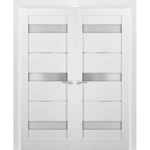 48 in. x 80 in. Universal Frosted Glass Solid MDF White Finished Pine Wood Double Prehung French Door with Hardware