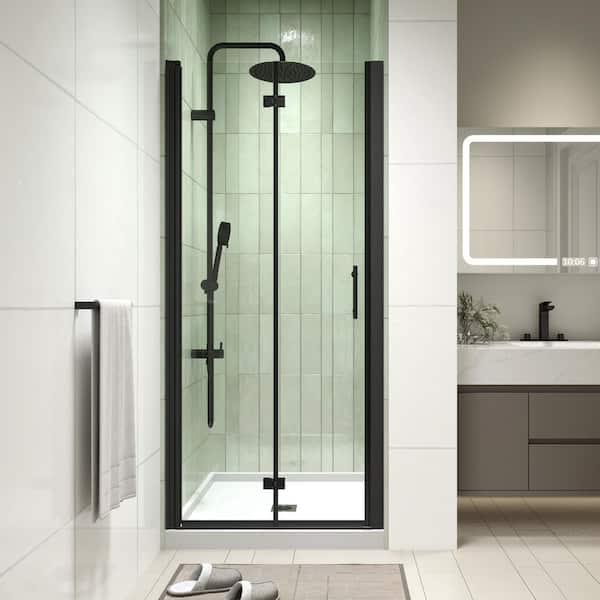 Modern 30 in. W x 72 in. H Bi-Fold Frameless Shower Door in Matte Black Finish with 1/4 in. (6mm) Clear Glass