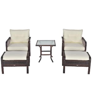 Brown Wicker Outdoor Lounge Chair with CushionGuard Beige Cushions and Ottomans