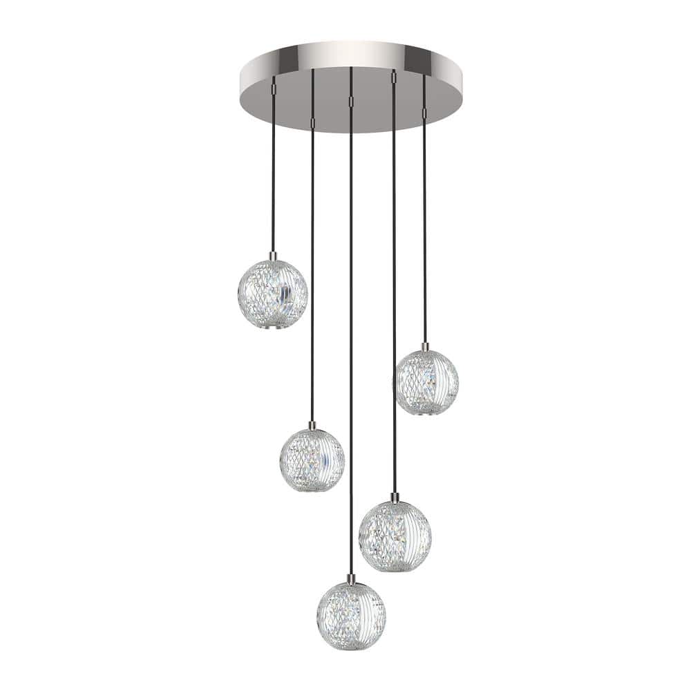 Marni Polished Nickel 5-Light LED Cluster Pendant with Spherical Cut Glass