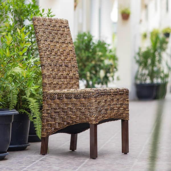 INTERNATIONAL CARAVAN INC Manila Abaca and Rattan Wicker Basket Weave Dining Chairs with Mahogany Hardwood Frame (Set of 2)