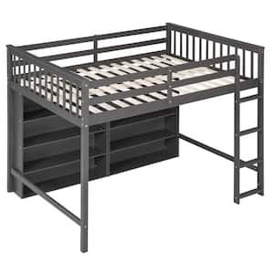 Full Size Loft Bed with 8 Open Storage Shelves and Built-in Ladder, Gray