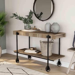 Bargib 47.25 in. Black and Rustic Oak Rectangle Wood Console Table with Wheels