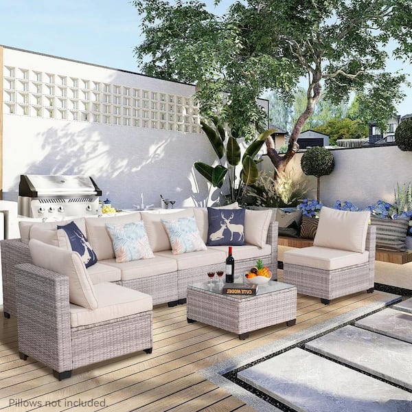 7-Piece Gray Wicker Patio Conversation Set with Beige Cushions
