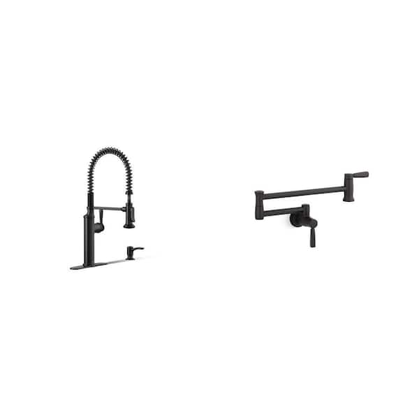 Matte Black Pull Down Sprayer Kitchen Faucet and Wall Mount 5.2 GPM Pot Filler Combo