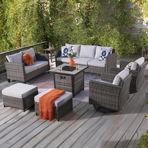 Mirage Gray 8-Piece Wicker Outdoor Patio Fire Pit Seating Sofa Set with Gray Cushions and Swivel Rocking Chairs