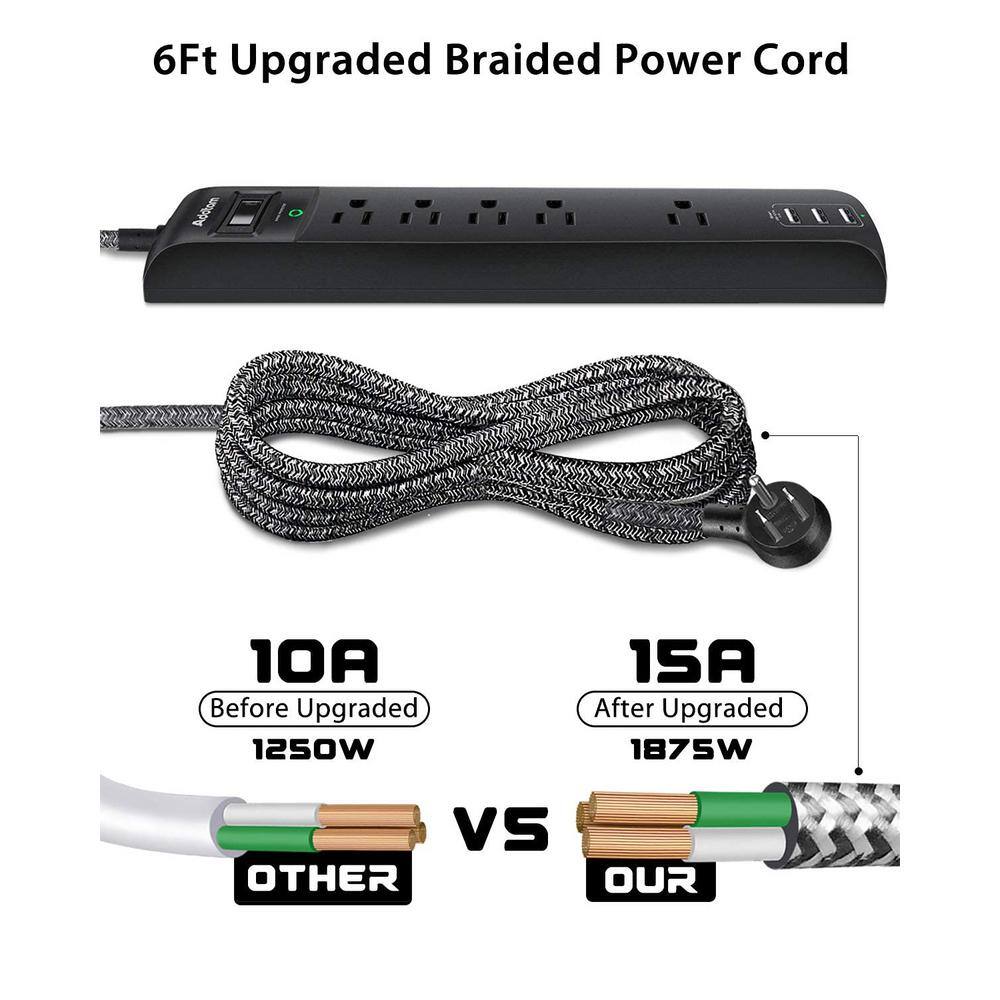 Black 6-Foot 5-Outlet Power Strip with USB Ports, 2-Pack