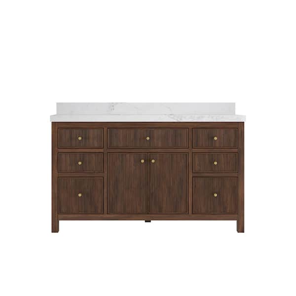 Willow Collections Sonoma Teak 60 in. Single Sink Freestanding Dark Walnut Bath Vanity with Calcutta Nuvo Quartz Top Unassembled