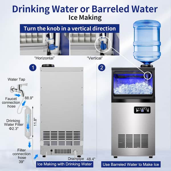 14 in. 120 lbs. Full Size Ice Cubes per day Ice Maker with Water Filter Interior Blue LEDs in Silver Stainless Steel