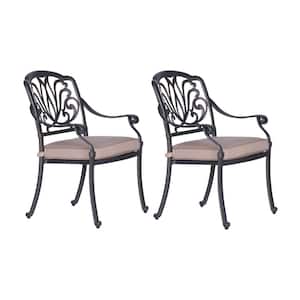 Dark Bronze Aluminum Outdoor Lounge Dining Chair with Spectrum Sand Cushions for Garden Patio (2-Pack)