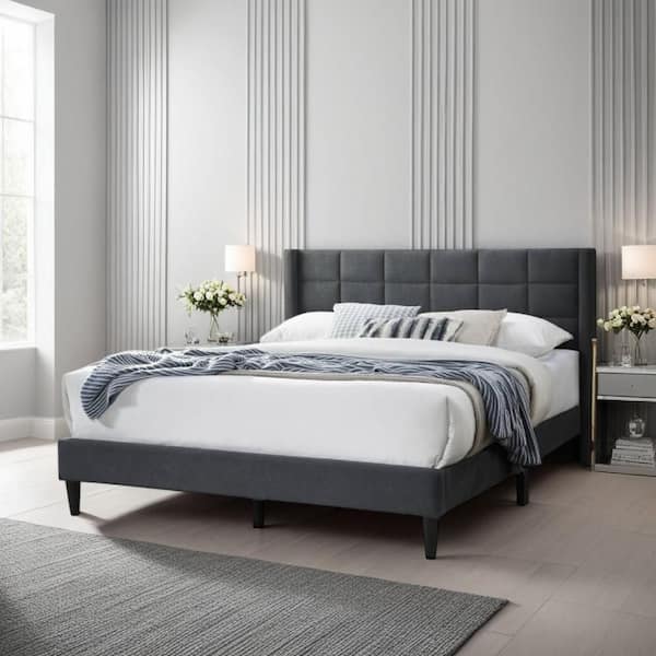 Meno Charcoal Gray and Black Wood Frame Queen Size Panel Bed with Square Stitched