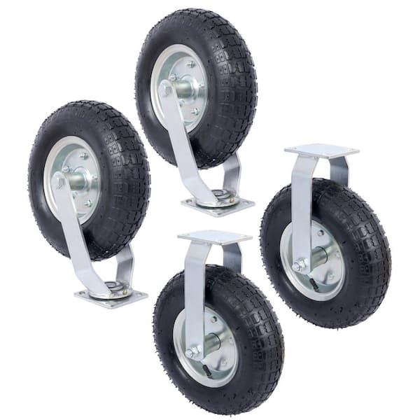 Angel Sar 4-Piece 12 in. Pneumatic Caster Wheels (2-Piece Swivel and 2-Piece Rigid), Steel Hub with Ball Bearings, Black